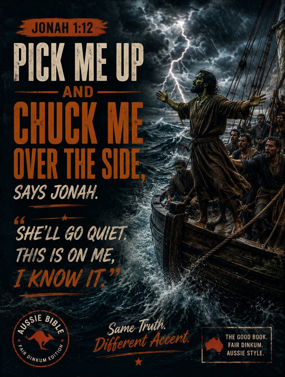 Jonah telling the sailors to pick him up and chuck him over the side