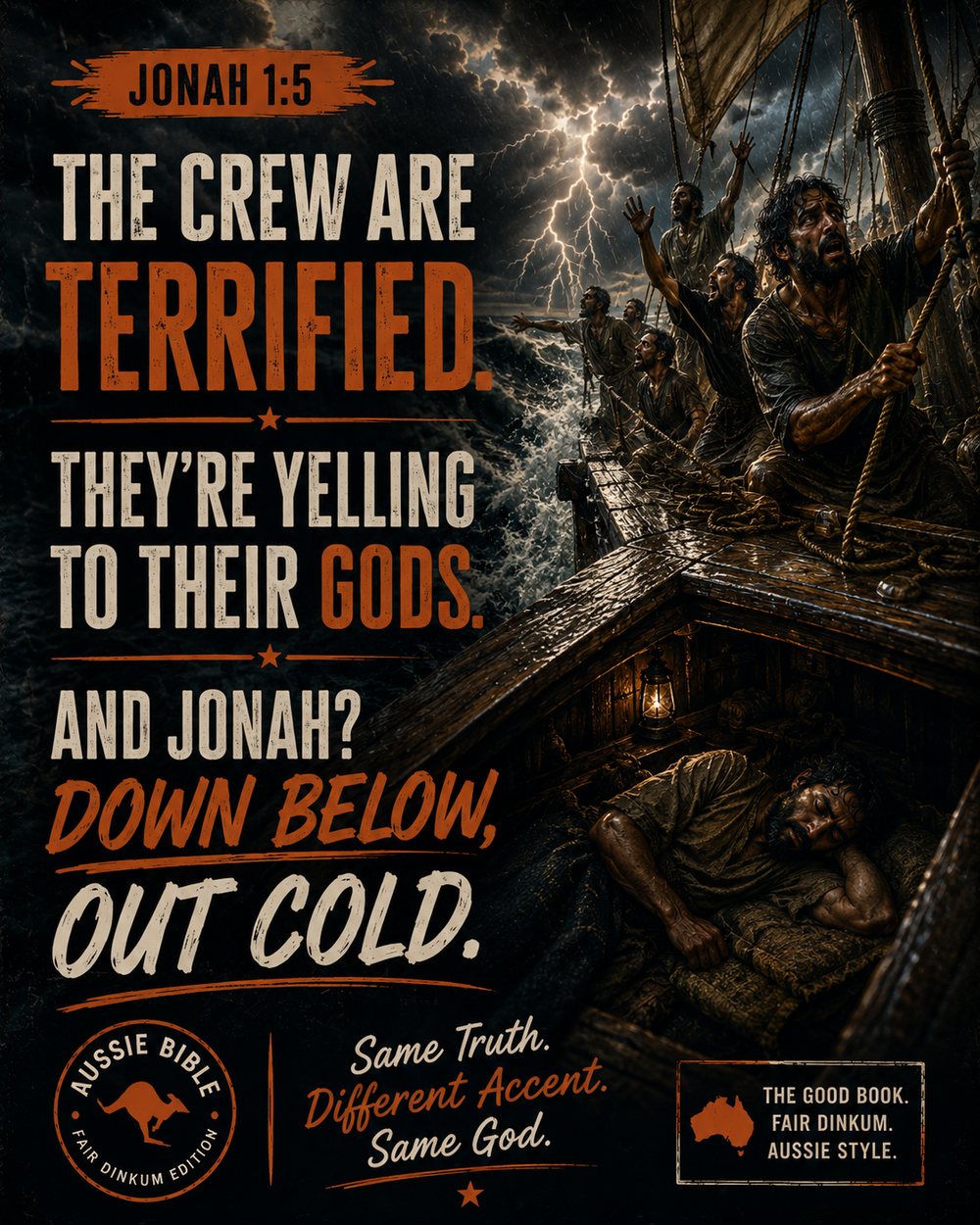 The terrified crew throwing cargo over the side of the boat